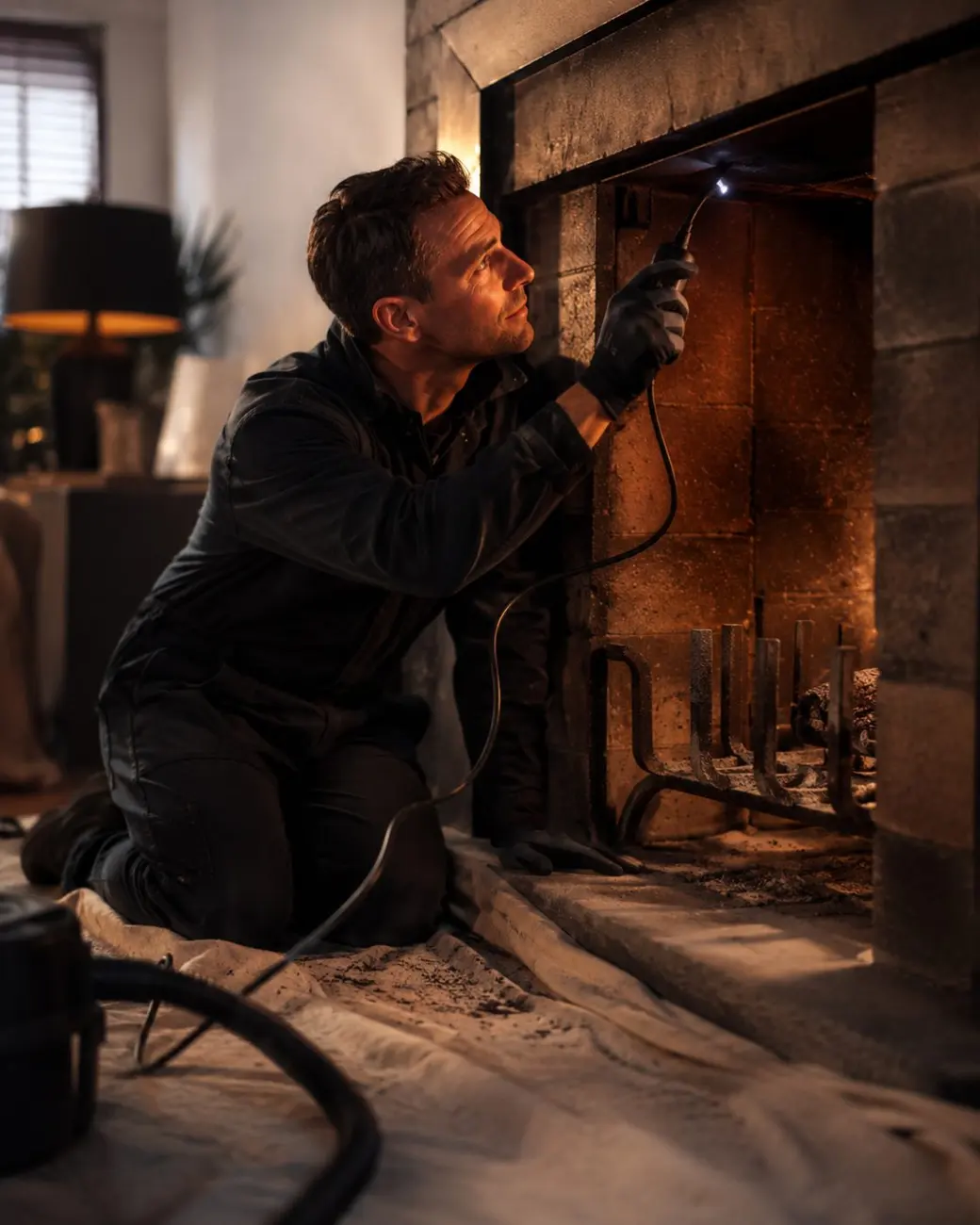 Chimney sweep inspecting a Sydney flue with an HD camera light