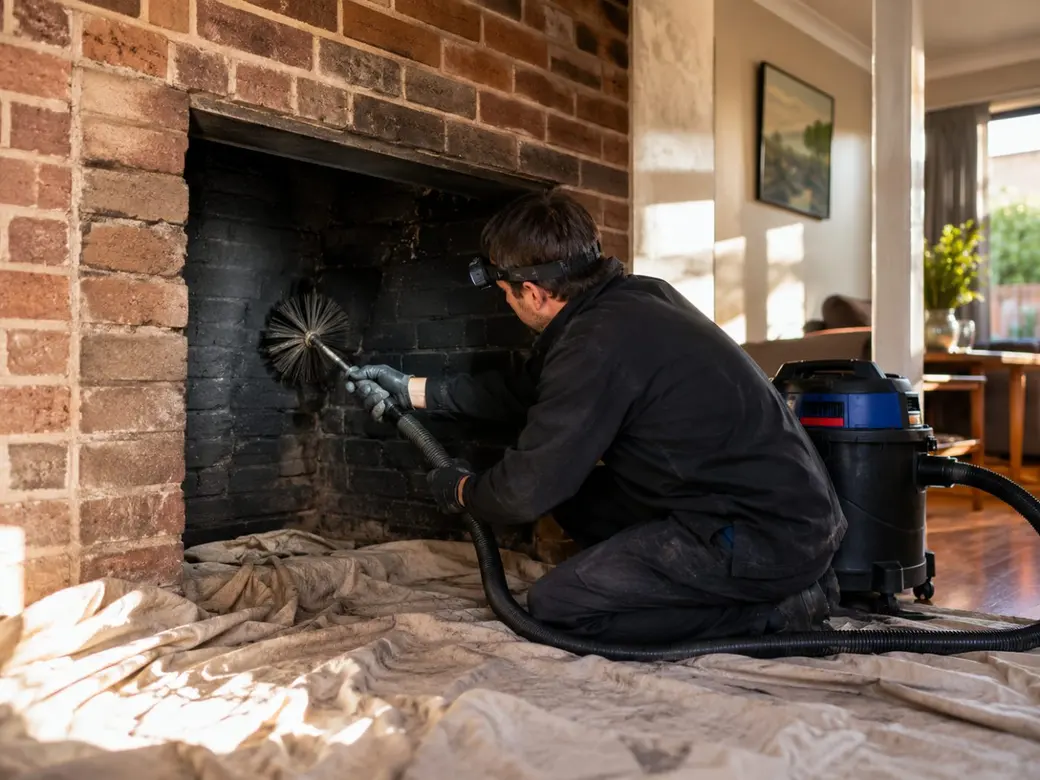 Sydney chimney sweep cleaning a wood heater flue with a rotary brush and vacuum