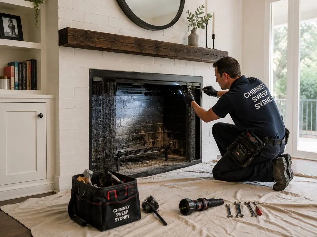 Uniformed sweep cleaning an open brick fireplace in a Sydney home