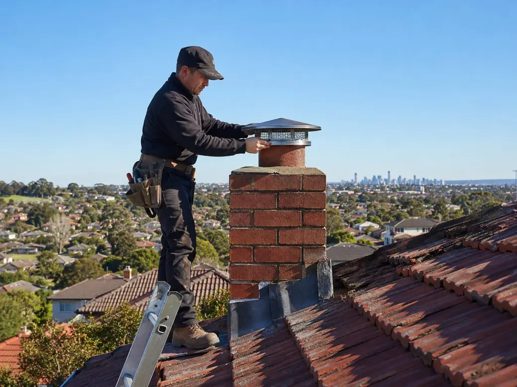 Stainless steel cowl being fitted to a Sydney brick chimney